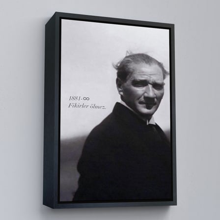 Kahverengi Çerçeveli Atatürk Portre Tablosu Mustafa Kemal Atatürk Dikdörtgen Dekoratif Kanvas Tablo