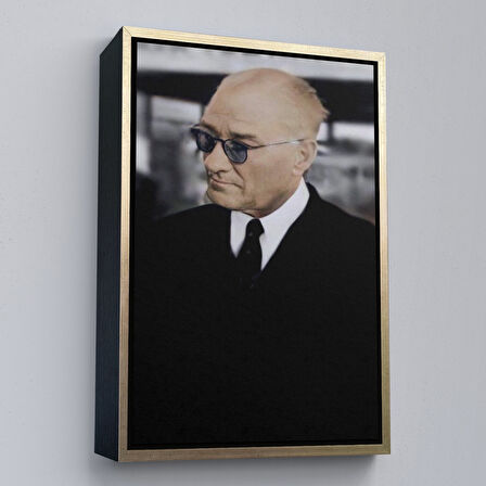 Altın Çerçeveli Atatürk Portre Tablosu Mustafa Kemal Atatürk Dikdörtgen Dekoratif Kanvas Tablo