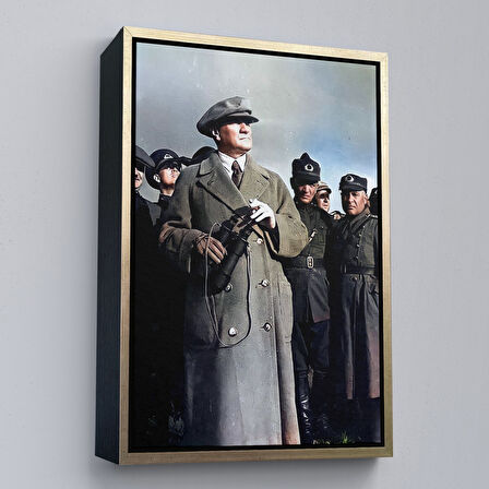 Altın Çerçeveli Atatürk Portre Tablosu Mustafa Kemal Atatürk Dikdörtgen Dekoratif Kanvas Tablo