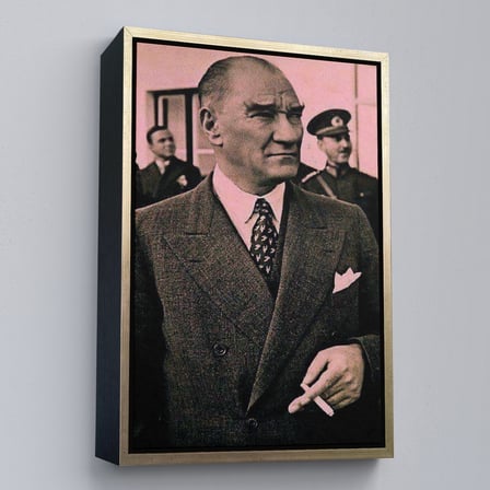 Kahverengi Çerçeveli Atatürk Portre Tablosu Mustafa Kemal Atatürk Dikdörtgen Dekoratif Kanvas Tablo