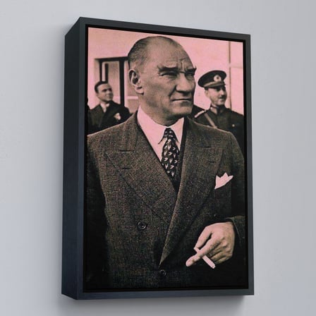 Kahverengi Çerçeveli Atatürk Portre Tablosu Mustafa Kemal Atatürk Dikdörtgen Dekoratif Kanvas Tablo