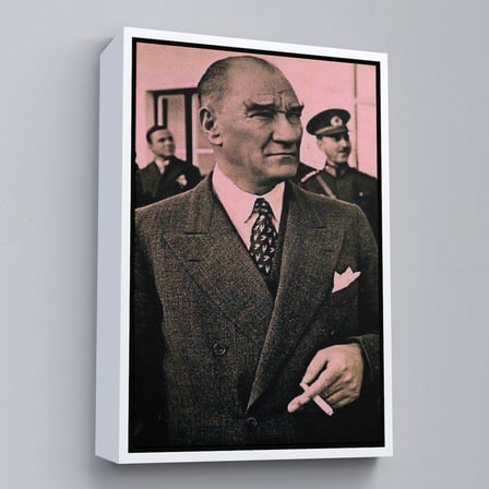 Kahverengi Çerçeveli Atatürk Portre Tablosu Mustafa Kemal Atatürk Dikdörtgen Dekoratif Kanvas Tablo