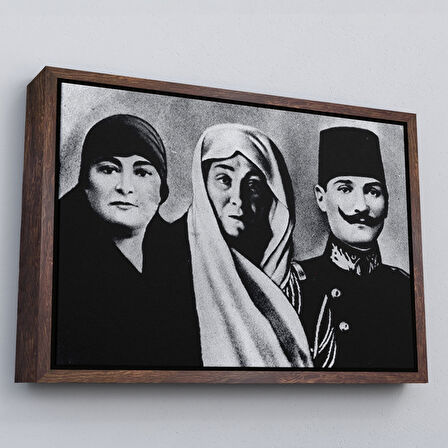 Kahverengi Çerçeveli Atatürk Portre Tablosu Mustafa Kemal Atatürk Dikdörtgen Dekoratif Kanvas Tablo