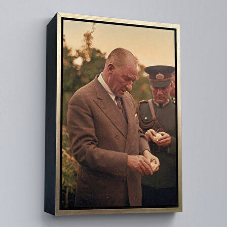 Altın Çerçeveli Atatürk Portre Tablosu Mustafa Kemal Atatürk Dikdörtgen Dekoratif Kanvas Tablo