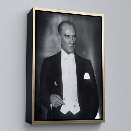 Altın Çerçeveli Atatürk Portre Tablosu Mustafa Kemal Atatürk Dikdörtgen Dekoratif Kanvas Tablo