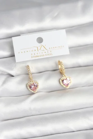 Pirinç Gold Pembe Renk Zirkon Taşlı Kalp Model Kadın Küpe 5886