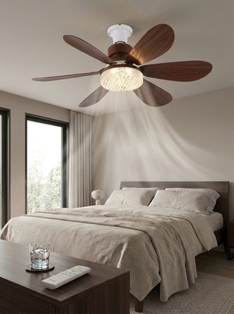 Crystal Aura 52 cm Ultra Sessiz Ahşap Renk LED Tavan Vantilatörü | 3 Kademeli Bakır Motor | Kumandalı Kristal Avize Vantilatör