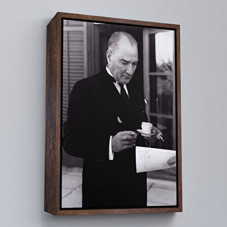 Kahverengi Çerçeveli Atatürk Portre Tablosu Mustafa Kemal Atatürk Dikdörtgen Dekoratif Kanvas Tablo