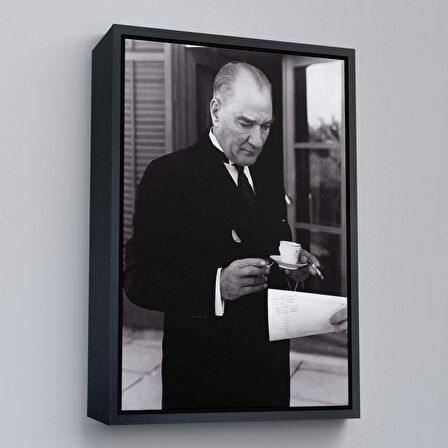 Kahverengi Çerçeveli Atatürk Portre Tablosu Mustafa Kemal Atatürk Dikdörtgen Dekoratif Kanvas Tablo