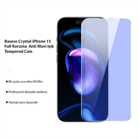 Baseus Crystal iPhone 15 Full Koruma Anti Mavi Işık Tempered Cam Ekran Koruyucu 2 Adet Set-(5775) — 