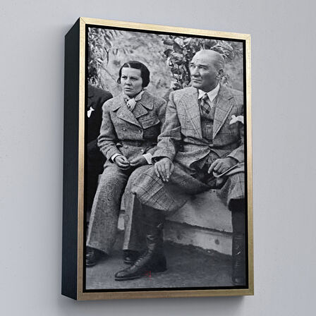 Altın Çerçeveli Atatürk Portre Tablosu Mustafa Kemal Atatürk Dikdörtgen Dekoratif Kanvas Tablo