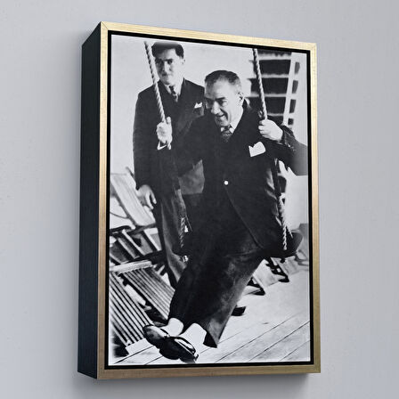 Beyaz Çerçeveli Atatürk Portre Tablosu Mustafa Kemal Atatürk Dikdörtgen Dekoratif Kanvas Tablo