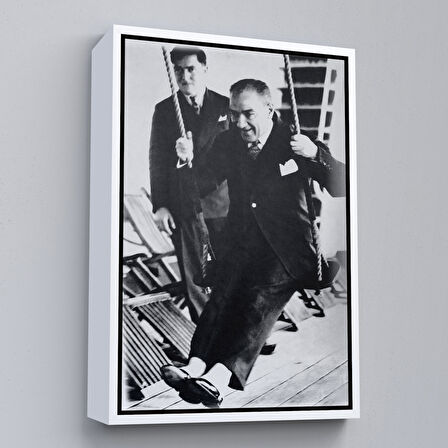Kahverengi Çerçeveli Atatürk Portre Tablosu Mustafa Kemal Atatürk Dikdörtgen Dekoratif Kanvas Tablo