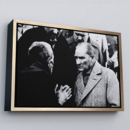 Kahverengi Çerçeveli Atatürk Portre Tablosu Mustafa Kemal Atatürk Dikdörtgen Dekoratif Kanvas Tablo