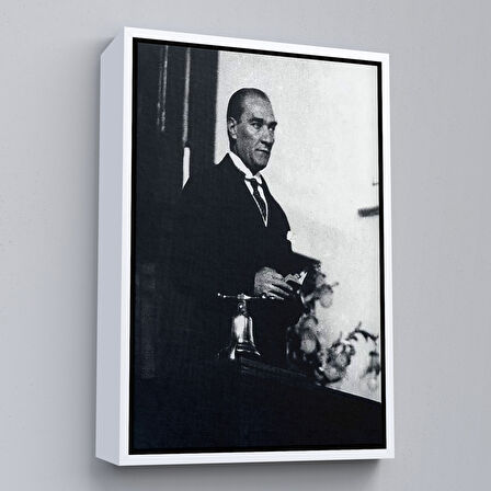 Beyaz Çerçeveli Atatürk Portre Tablosu Mustafa Kemal Atatürk Dikdörtgen Dekoratif Kanvas Tablo