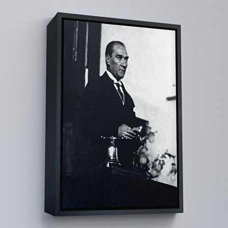 Kahverengi Çerçeveli Atatürk Portre Tablosu Mustafa Kemal Atatürk Dikdörtgen Dekoratif Kanvas Tablo