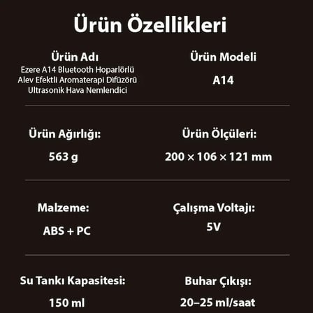 Ezere A14 Bluetooth Hoparlörlü Alev Efektli 8 Sesli Renkli Alev Görünümlü Aromaterapi Difüzörü Ultra