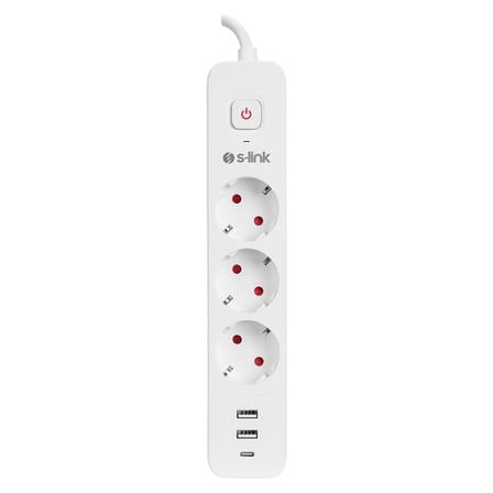 S-LINK SPG03TC 3 Soket Akım Korumalı Priz 1x Type-C 2xUSB 5V 4A 1.5Mt %100 Bakır 1mm Kablo 750 Joule (Beyaz)(1923)