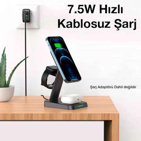 ALLY W68 15W 3in1 Manyetik ve Katlanabilir Portatif Masaüstü Kablosuz Şarj Standı-(5775)
