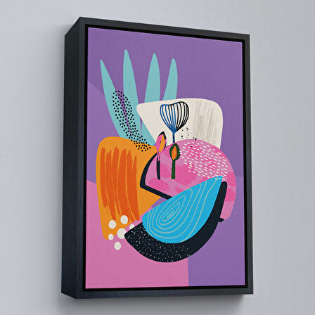 Beyaz Çerçeveli Soyut Renkli Çiçekler Tablosu