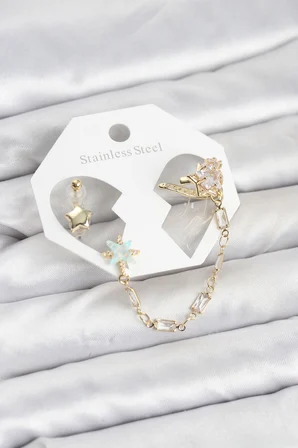 Yıldız Model Pirinç Gold Renk Zincir Bağlantılı Ear Cuff Küpe Seti 5886
