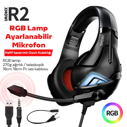 XMOWi R2 Gaming Mikrofonlu RGB Oyuncu Kulaklılığı Gurultu Engelleyici Kulaklik-(5775) — Renk: Siyah-