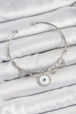 Pirinç Zirkon Taşlı Pusula Model Gümüş Renk Charm Bileklik 5886