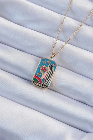 316L Çelik Zincir Altın Renk Taç ve Kız Figürlü Renkli Mineli Tarot Kolye 5886