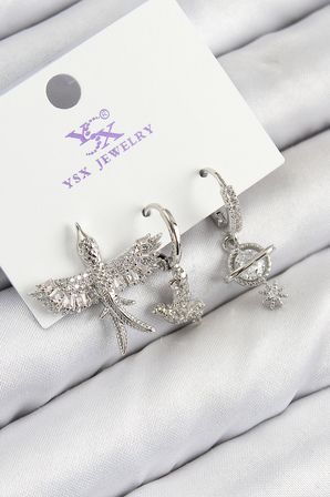 Pirinç Zirkon Taşlı 3'lü Kuş Model Gümüş Renk Kadın Küpe 5886