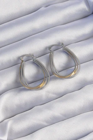 Pirinç Gold Gümüş Renkli Oval Çoklu Görünümlü Küpe 5886