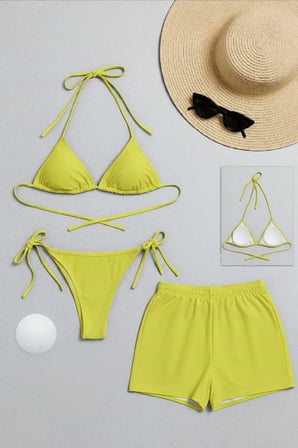 Kadın 3'lü Set Fosforlu Şortlu ve Yandan Bağlamalı Bikini Mayo Takımı — Beden: L/XL