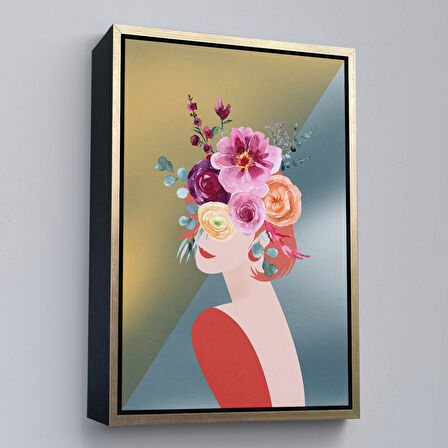 Altın Çerçeveli Soyut Çiçekler ve Kadın Tablosu