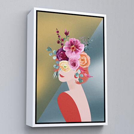 Beyaz Çerçeveli Soyut Çiçekler ve Kadın Tablosu