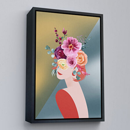 Beyaz Çerçeveli Soyut Çiçekler ve Kadın Tablosu