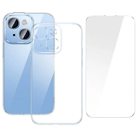 Baseus iPhone 15 Crystal Serisi Silikon Kılıf + Tempered Ekran Koruyucu Set-(5775) — Renk: Şeffaf 2