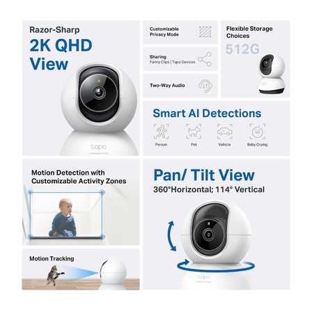 TP-LINK Tapo TC72 (C220) 2K QHD 40Mpix İç Mekan WiFi 9Mt. Gece Görüşü 360 Dönüş İki Yönlü Ses Güvenlik Yapay Zeka Destekli Kamera(1923)