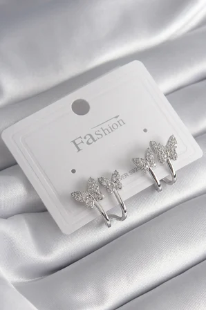 Pirinç Gümüş Renk Zirkon Taşlı Kelebek Model Kadın Küpe 5886