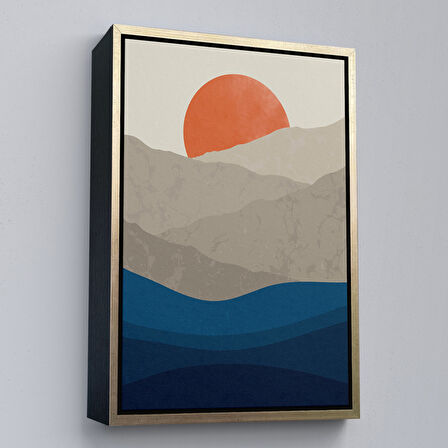 Kahverengi Çerçeveli Mavi Gri Modern Dağlar Tablosu