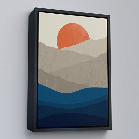 Kahverengi Çerçeveli Mavi Gri Modern Dağlar Tablosu
