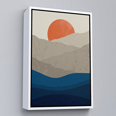 Kahverengi Çerçeveli Mavi Gri Modern Dağlar Tablosu