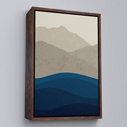 Kahverengi Çerçeveli Mavi Gri Modern Dağlar Tablosu