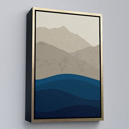 Kahverengi Çerçeveli Mavi Gri Modern Dağlar Tablosu