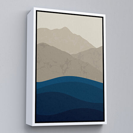 Kahverengi Çerçeveli Mavi Gri Modern Dağlar Tablosu