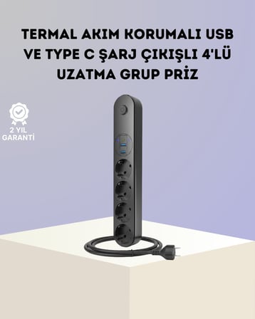 Akım Korumalı Çoklu Priz 4’lü 2 USB 1 Type-C 2500W Güçlü Tasarım