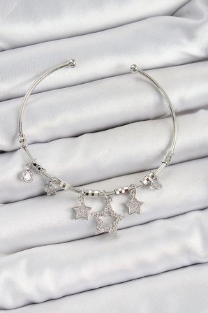 Pirinç Zirkon Taşlı Yıldız Model Gümüş Renk Charm Bileklik 5886
