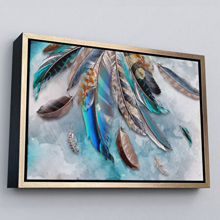 Altın Çerçeveli Kuş Tüyü Dekoratif Kanvas Duvar Tablosu