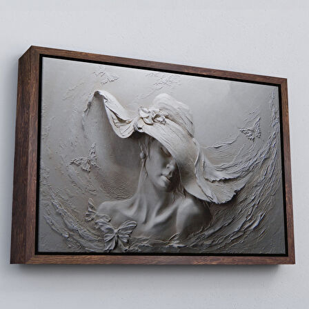 Beyaz Çerçeveli Kabartma Görünümlü Şapkalı Kadın Kanvas Duvar Tablosu