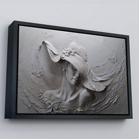 Beyaz Çerçeveli Kabartma Görünümlü Şapkalı Kadın Kanvas Duvar Tablosu