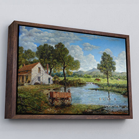 Beyaz Çerçeveli Köy Ve Akarsu Manzaralı Dekoratif Kanvas Duvar Tablosu