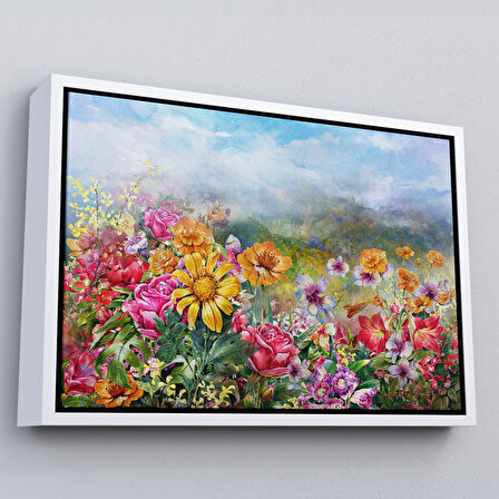 Beyaz Çerçeveli Çok Renkli Çiçekler Manzara Kanvas Duvar Tablosu